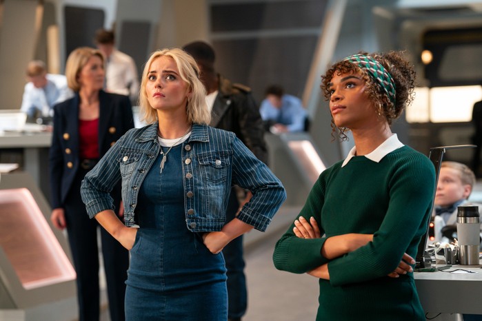 Jemma Redgrave as Kate Lethbridge Stewart, Millie Gibson as Ruby Sunday and Yasmin Finney as Rose Noble in Doctor Who:The Legend Of Ruby Sunday