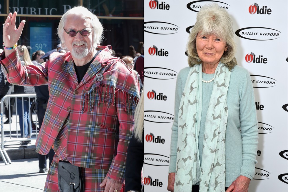 Photos of Billy Connolly and Jilly Cooper put next to each other. Connolly is waving, Cooper is smiling slightly at the camera.