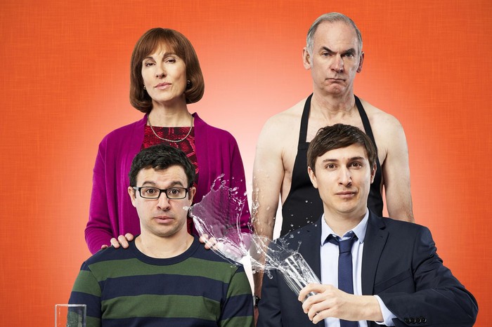 Simon Bird, Tamsin Greig, Paul Ritter and Tom Rosenthal in Friday Night Dinner.