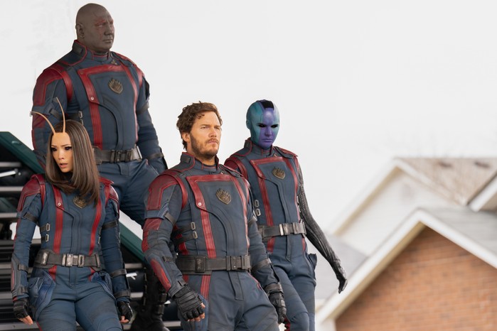 Pom Klementieff as Mantis, Dave Bautista as Drax, Chris Pratt as Peter Quill/Star-Lord, and Karen Gillan as Nebula in Marvel Studios' Guardians of the Galaxy Vol. 3.