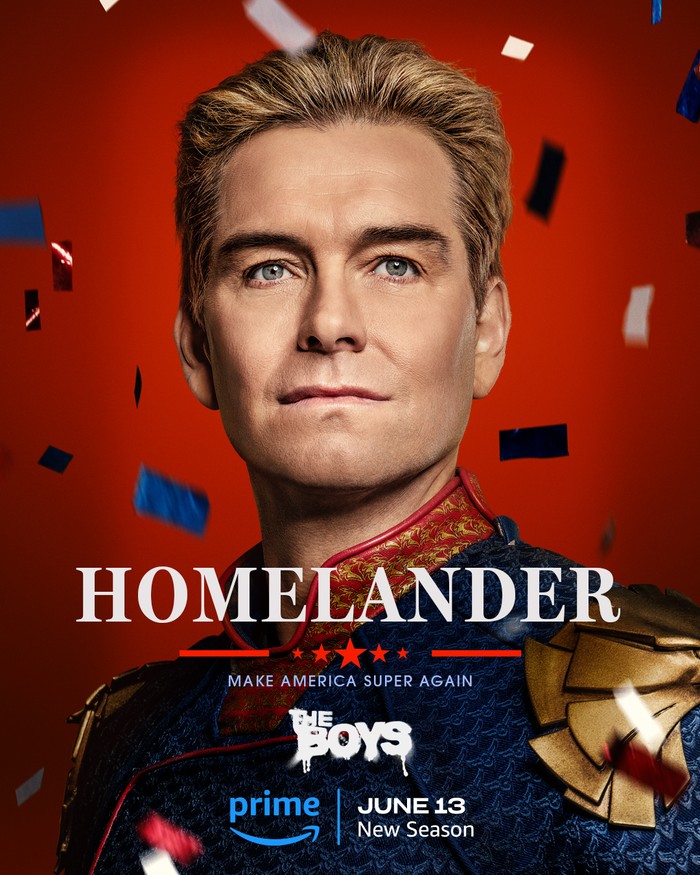 Poster of Homelander in The Boys season 4. He's staring into the distance with confetti falling around him.