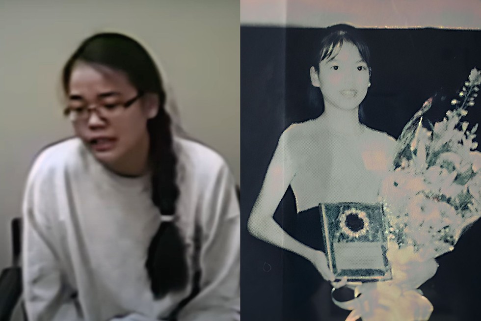 Two images of Jennifer Pan, once as a child and another as an adult being questioned by the police.