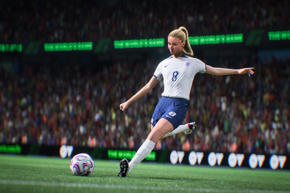 EA Sports FC 24 still showing Leah Williamson about to kick the ball