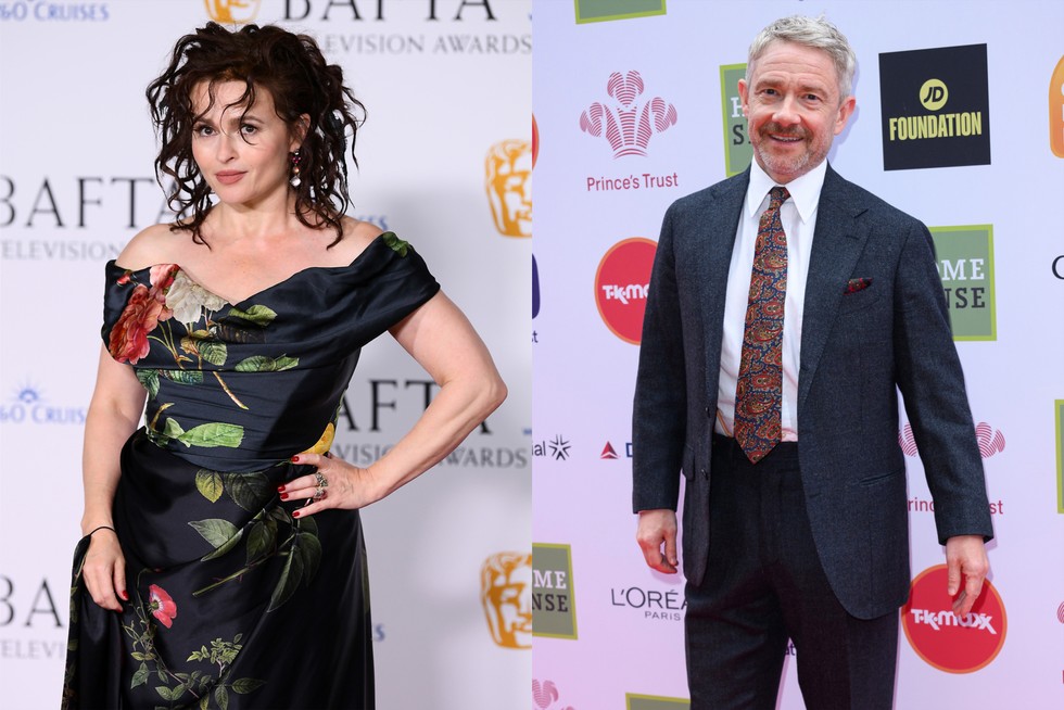 Images of Helena Bonham Carter and Martin Freeman put next to each other, with both on red carpets in formal attire