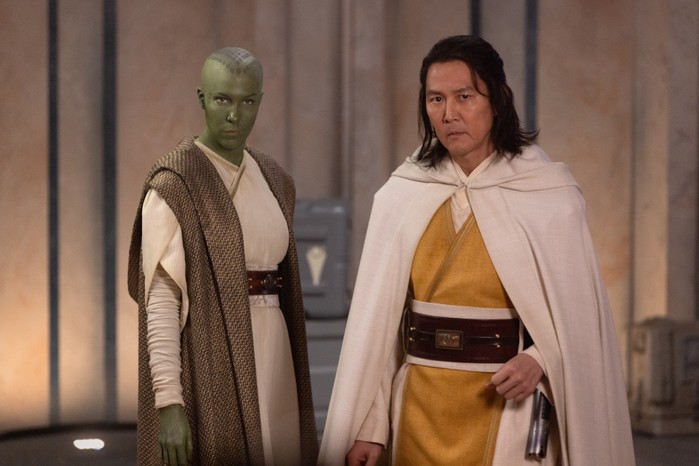 Rebecca Henderson as Vernestra Rwoh and Lee Jung-jae as Master Sol in Star Wars: The Acolyte wearing Jedi robes