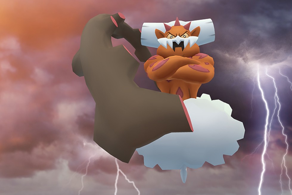 Official art of Landorus in Pokémon Go against a thundery background