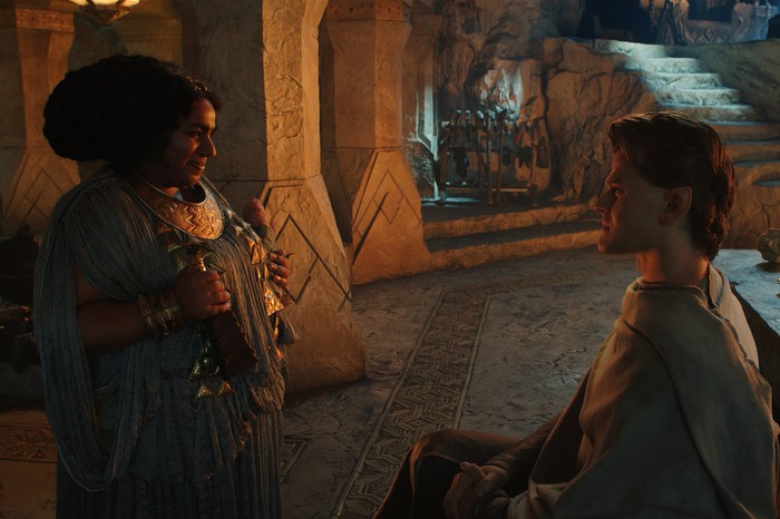 Sophia Nomvete (Princess Disa), Robert Aramayo (Elrond) in The Rings of Power