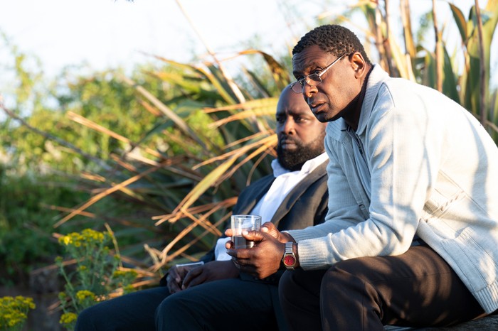 Michael Balogun as Harry Summers and David Harewood as Denis Bottomley, sat amongst reeds and grass