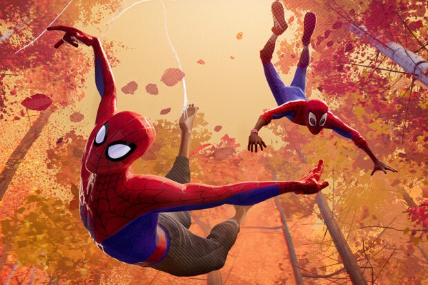 Two spider-men swinging in Spider-Man: Into the Spider-Verse