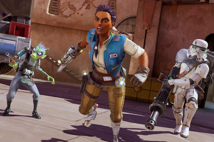 Screenshot from Star Wars: Hunters showing playable characters Skora, Zaina and Sentinel (from left to right).