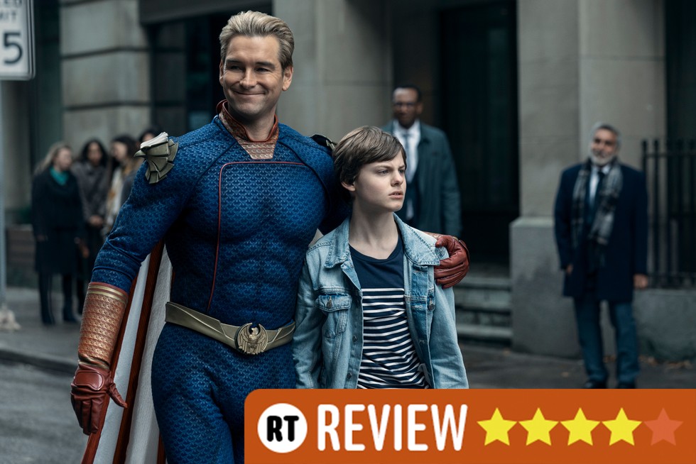 Anthony Starr as Homelander and Cameron Crovetti as Ryan in The Boys, walking side by side. There is an RT Review banner in the bottom right corner with four stars