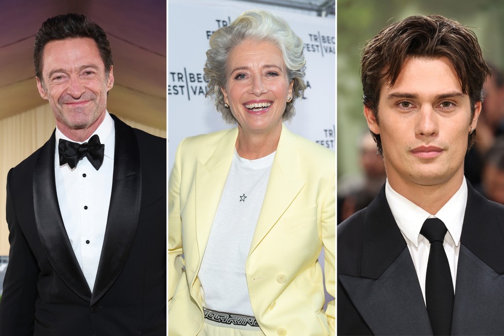 Side by side photos of Hugh Jackman, Emma Thompson and Nicholas Galitzine in formal attire