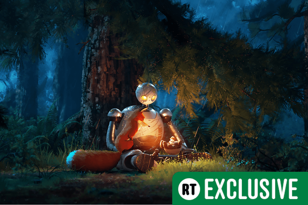 The Wild Robot still showing a robot lit up in a forest. RT Exclusive is in the bottom right of the frame